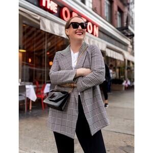 Ann Taylor Blazer Coat Sz M Houndstooth Plaid Mid-Length Lined Open Front Jacket